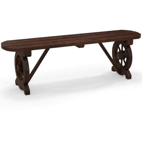 COSTWAY 2-Seat Garden Curved Bench Carbonized Wood Dining Bench w/ Wagon Wheel Base