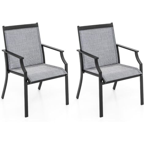 COSTWAY 2 Sedie da Pranzo per Patio, Poltrone da Esterno con Seduta Traspirante e Telaio in Metallo, Schienale Ergonomico e Braccioli, Poltrone con Schienale Alto per Portico, Cortile, Prato(Grigio)