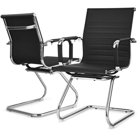 COSTWAY 2 Set Bürostuhl mit Rückenlehne, ergonomischer Schreibtischstuhl aus Kunstleder mit Kufengestell & schützenden Armlehnen, Konferenzstuhl Computerstuhl bis 120kg Belastbar für Zuhause, Büro