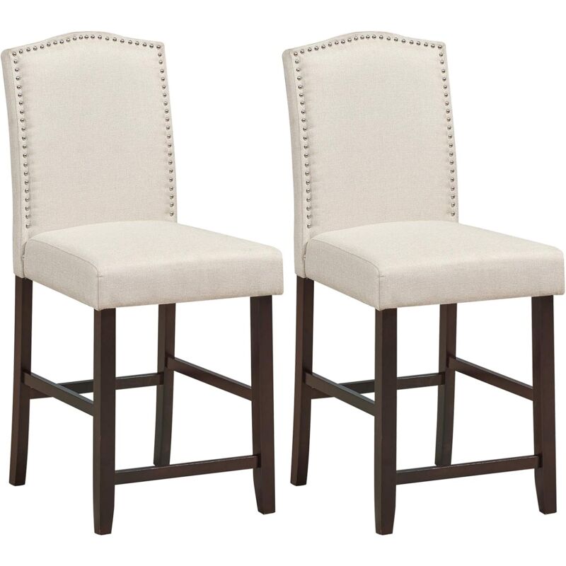 

2 Silla de Comedor con Cojín Espeso, Taburetes con Clavos Decorativos Patas de Madera de Goma, Sillas con Respaldo Alto (Beige) - Costway