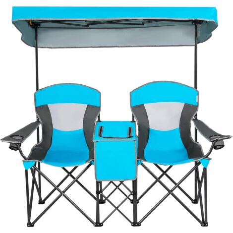 COSTWAY 2-Sitzer Campingstuhl mit Sonnenschutz, Mini-Tisch, Kühltasche & Getränkehalter, klappbarer Angelstuhl mit Tragetasche, Faltstuhl, Klappstuhl für Camping, Angeln, Picknick Blau