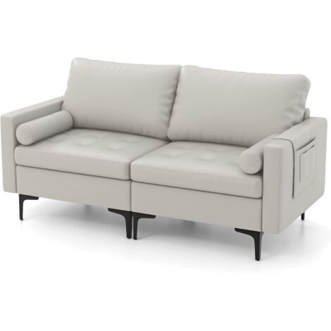 COSTWAY 2 Sitzer Sofa, Schlafsofa 2 sitzer, mit Lehne, gepolsterter Sessel Loungesofa Schlafcouch Metallrahmen, Doppelsofa für Wohnzimmer (Hellgrau)