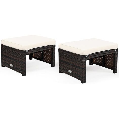 COSTWAY 2 Tabouret de Jardin Résine Tressée en Rotin PE avec Coussin Gris, pour Terrasse et Piscine, 49 x 40 x 33 CM