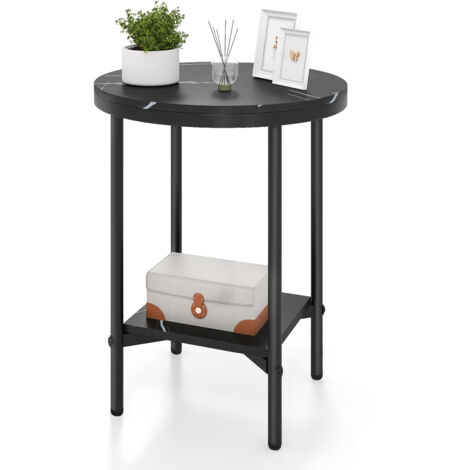 COSTWAY 2-Tier Accent Table Round Faux Marble End Table with Metal Frame Storage Shelf Black