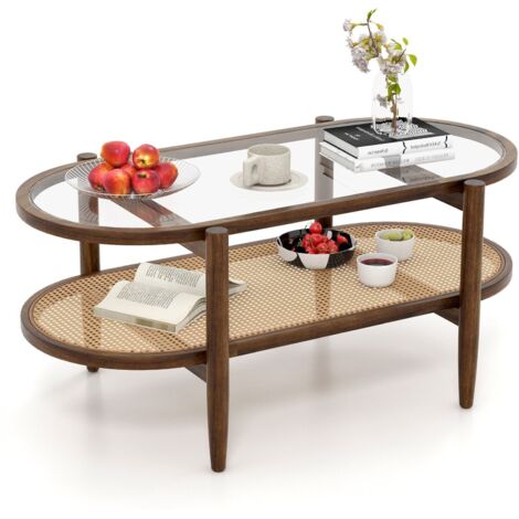 COSTWAY 2-Tier Coffee Table Rattan Center Cocktail Tea Table Tempered Glass Tabletop
