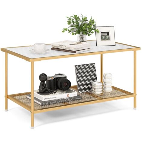 COSTWAY 2-Tier Coffee Table Rectangle Cocktail Accent Table with Tempered Glass Top