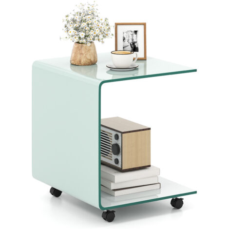 COSTWAY 2 Tier Coffee Table with Lockable Wheels Glass End Table for Living Room White