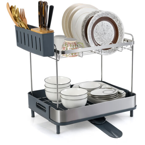 COSTWAY 2-Tier Dish Drying Rack Stainless Steel Dish Drainer with Cutlery Holder