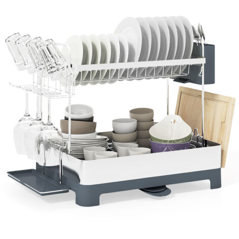COSTWAY 2 Tier Dish Rack with Cutlery Organizer and Rotatable Spout