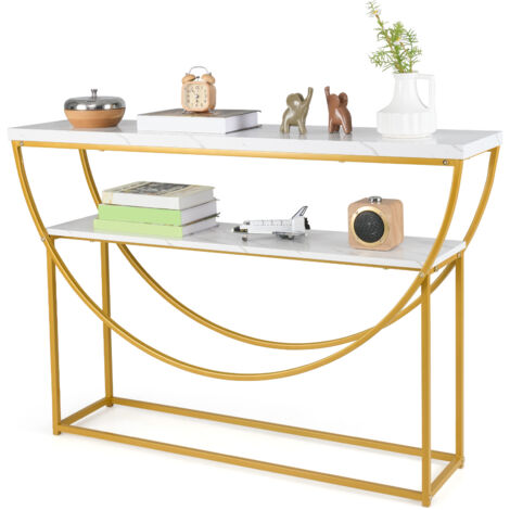 COSTWAY 2-Tier Faux Marble Top Console Table Home Entryway Table-White