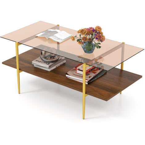 COSTWAY 2-Tier Glass Coffee Table Rectangle Center Table w/Storage Shelf-Brown