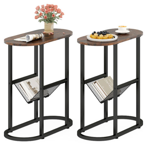 COSTWAY 2-Tier Oval End Table Narrow Side Table Set of 2 w/Magazine Holder-Brown
