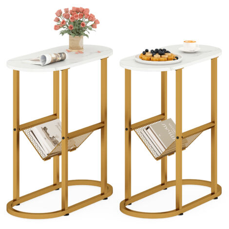 COSTWAY 2-Tier Oval End Table Narrow Side Table Set of 2 w/Magazine Holder-White