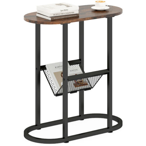 COSTWAY 2-Tier Oval End Table Narrow Side Table w/Magazine Holder-Brown