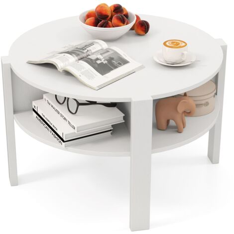 COSTWAY 2-Tier Round Coffee Table 74cm Tea Cocktail Table w/ Storage-White