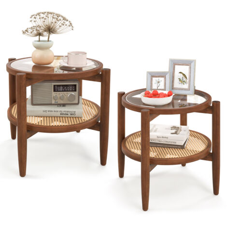 COSTWAY 2-Tier Round Side End Table PE Rattan Coffee Table Set of 2-Brown