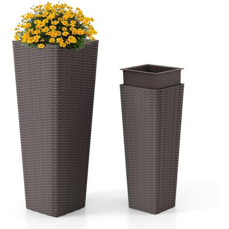 COSTWAY 2 Vasi Alti per Piante da Interno ed Esterno, Grandi Fioriere in Rattan con Vassoi Interni Rimovibili, Fori di Drenaggio, Fioriere Decorative per Giardino, Cortile e Balcone (Marrone)