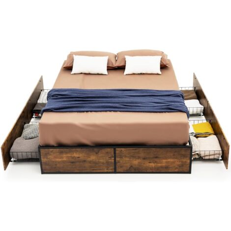 COSTWAY 200x140cm Stauraumbett mit 4 Schubladen, Bettgestell Doppelbett mit Holzfussende & Lattenrost, Metallbett Bettrahmen, Industrielles Bett Schlafzimmerbett
