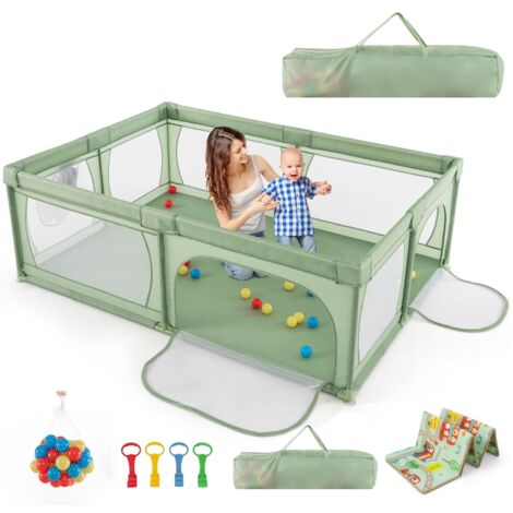 COSTWAY 205 x 147cm Baby Laufstall mit 50 Bällen & 2 Türen, Laufgitter mit atmungsaktivem Netz und Reißverschluss, Laufgitterzelt für Säuglinge und Kleinkinder(Grün)