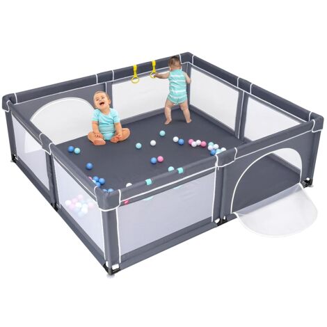COSTWAY 206 x 185,5cm Baby Laufstall mit 50 Spielbällen, Laufgitter mit atmungsaktivem Netz und Reißverschluss, Krabbelgitter mit 2 Türen, Laufgitterzelt für Säuglinge und Kinder (Dunkelgrau, Blau, Du