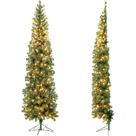 COSTWAY 210 cm Künstlicher Halber Weihnachtsbaum, Kunstbaum mit LED-Lichtern