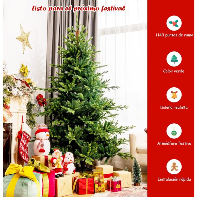 

210cm Árbol de Navidad Verde con Bisagra, Pino Artificial Frondoso con Hojas en PE y PVC, 1143 Ramas - Costway