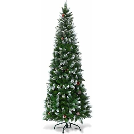 COSTWAY 220cm Künstlicher Bleistift Weihnachtsbaum mit Kiefernzapfen, schneebedeckter Tannenbaum mit Metallstaender, Christbaum PVC Nadeln, Kunstbaum Weihnachten Klappsystem