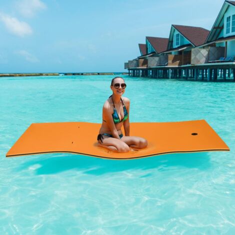 COSTWAY 220x90cm Wasserhaengematte, Wasserliege 100kg Tragkraft, Schwimmmatte Schwimmfloss, Schwimmender Teppich, Schwimmende Wasser Bett Schwimminsel Orange