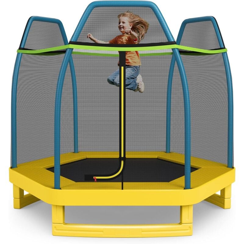 Costway - 223cm Gartentrampolin mit Sicherheitsnetz, Trampolin bis 150kg, Indoor-/Outdoortrampolin für Kinder ab 3 Jahre Gelb