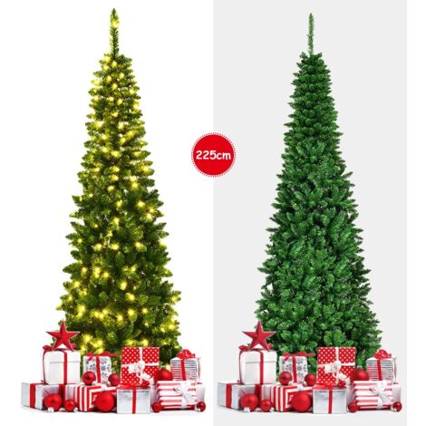 COSTWAY 225cm Bleistift Weihnachtsbaum mit warmweissen LED-Leuchten, künstlicher Tannenbaum mit Klappsystem und Metallstaender, Christbaum PVC Nadeln, Kunstbaum Weihnachten Grün
