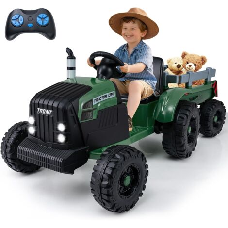 COSTWAY 24V Tracteur Électrique Enfant avec Remorque Amovible & Télécommande, Voiture Électrique Enfants avec Musique & Klaxon & Phares LED, Démarrage en Douceur, 3,2-6 km/h pour 3-8 Ans (Vert)