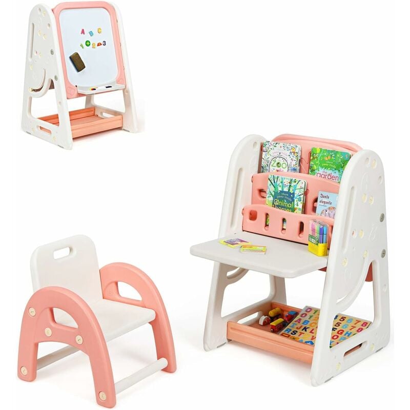 Costway - 2en1 Tableau Magnétique Enfant Double Face avec Tabouret,Bureau Pliable,Etagère de Livres Accessoires Hauteur Réglable hdpe