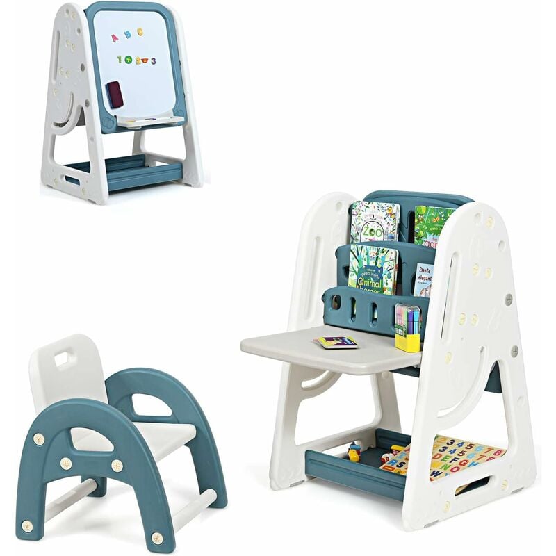 2en1 Tableau Magnétique Enfant Double Face avec Tabouret,Bureau Pliable,Etagère de Livres Accessoires Hauteur Réglable hdpe - Costway