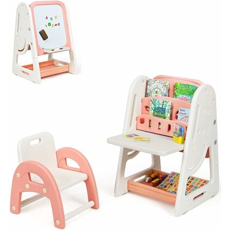 COSTWAY 2en1 Tableau Magnétique Enfant Double Face avec Tabouret,Bureau Pliable,Etagère de Livres Accessoires Hauteur Réglable HDPE