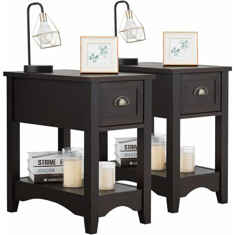 COSTWAY 2er Set Beistelltisch mit Schublade und Ablage, 2-stöckiger Sofatisch, schmaler Nachttisch, Kaffeetisch für Wohnzimmer, Schlafzimmer, 56 x 33 x 58,5 cm (Walnuss)