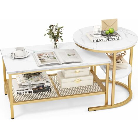 COSTWAY 2er Set Couchtisch, Beistelltisch Marmor Optik mit Metallrahmen & Ablage, Kaffeetisch Wohnzimmertisch Sofatisch für Wohnzimmer, Schlafzimmer Weiß + Golden