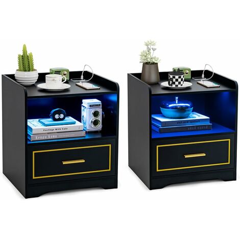 COSTWAY 2er Set Nachttisch mit LED Licht, USB-Anschluss und Typ-C-Ladestation, Nachtschrank mit Bewegungssensor, Beistelltisch mit offenem Fach und Schublade, Nachtkommode für Schlafzimmer, Schwarz