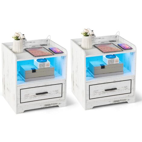 COSTWAY 2er Set Nachttisch mit LED Licht, USB-Anschluss und Typ-C-Ladestation, Nachtschrank mit Bewegungssensor, Beistelltisch mit offenem Fach und Schublade, Nachtkommode für Schlafzimmer, Weiß