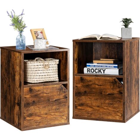 COSTWAY 2er Set Nachttische Holz, Beistelltisch mit mit offenem Regal & Türschrank, 3 Ebenen Kaffeetisch, Sofatisch für Wohnzimmer, Schlafzimmer, Arbeitszimmer, Büro Braun