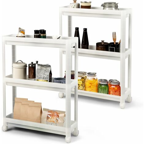 COSTWAY 2er Set Nischenregal schmal, 3 Ebenen Rollwagen mit hohlgeschnitztem Design, Regal für Badzimmer und Küche, weiß, modern, 53 x 17,5 x 70 cm