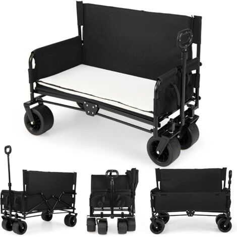 COSTWAY 2in1 Carrello Pieghevole con Panca,85L,Cuscini Morbidi e Ruote,per Spiaggia,Nero
