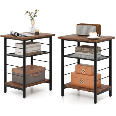 COSTWAY 2PCS Industrial End Table Height Adjustable 3-Tier Side Table-Brown