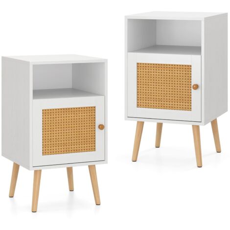 COSTWAY 2Pcs Rattan Nightstand Bedside Table PE Rattan Decorated Door-White