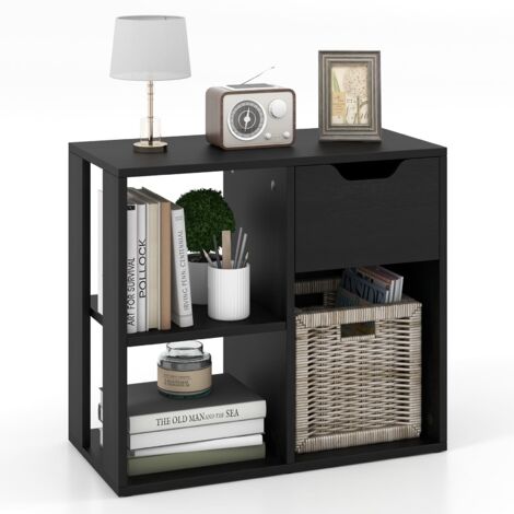 COSTWAY 3-Cube Bookcase 2-tier Wooden Storage Shelf w/ Drawer