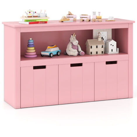 COSTWAY 3-Drawer Storage Cabinet Wood Kids Toy Storage Cube Shelves-Pink