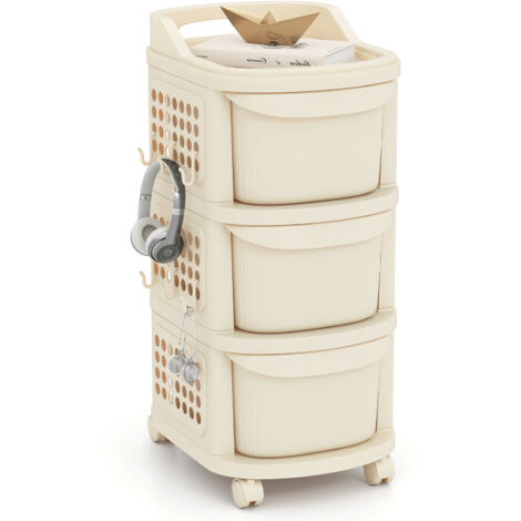 COSTWAY 3-Drawer Utility Cart Rolling Plastic Storage Organizer w/6 Hooks-White