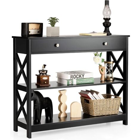 COSTWAY 3 Ebenen Konsolentisch, Flurtisch mit Schublade & 2 Ablagen aus Holz, Beistelltisch mit X-Förmigen Beinen für Eingang Wohnzimmer Schlafzimmer, 100 x 30 x 80 cm, 95 kg Belastbar (Black)