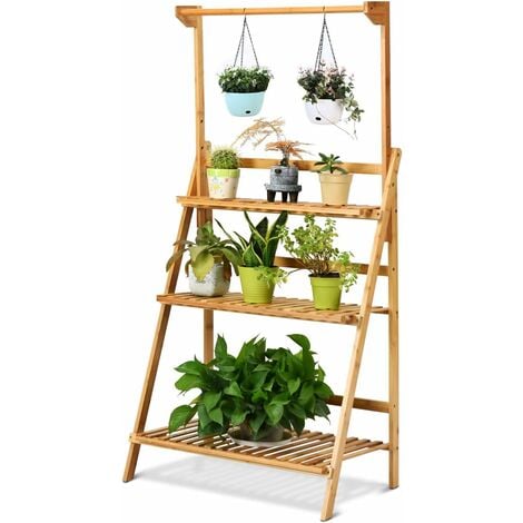 COSTWAY 3-Ebenen Pflanzenleiter klappbar, mit höhenverstellbarer und Abnehmbarer Hängestange, Bambus, 70 x 40 x 120 - 144 cm