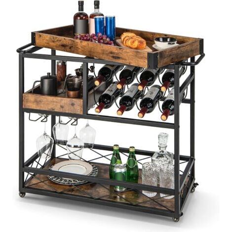 COSTWAY 3 Ebenen Servierwagen mit abnehmbarem Tablett, Küchenwagen mit 2 Reihen Glashalter und 8 Weinregalen, Rollwagen Holz für Küche, Esszimmer und Bar, Vintage