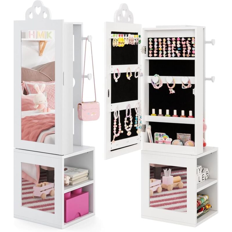 Costway - 3 en 1 Armoire à Bijoux Enfant avec Miroir Pleine Longueur, Organisateur à Bijoux en Forme Cœur avec 4 Crochets & 3 Étagères, Anti-Bascule,